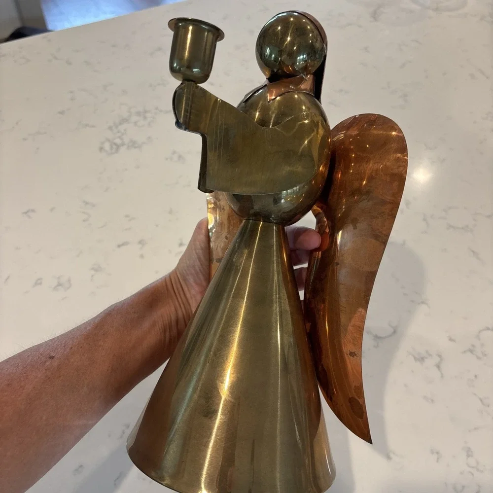 VTG Brass Copper Angel Candle Holder 12 Inch Mid-Century Modern Patina Hong Kong